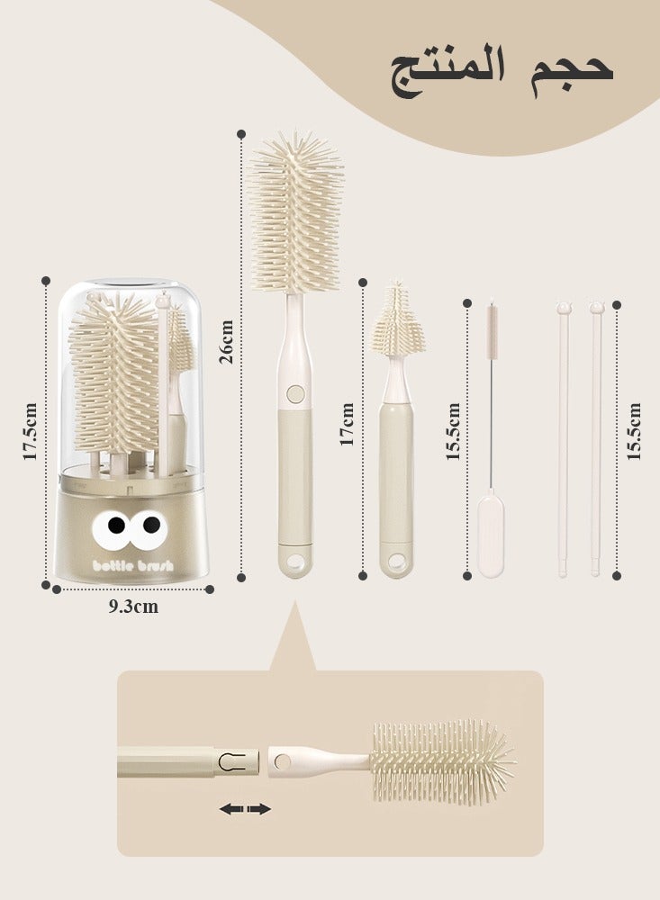 BBMORE Baby Bottle Brush, 5 in 1 Silicone Baby Bottle Cleaning Brush Set Inculde silicone bottle brush,  Nipple Brush, Straw Brush,Drying Rods, storage box - 5 in 1 Bottle Cleaning Tool for Home and Travel, Beige - Image 3